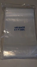 100 Clear Reclosable Zip Seal Poly Bags – 6" x 9", 2 Mil Thickness