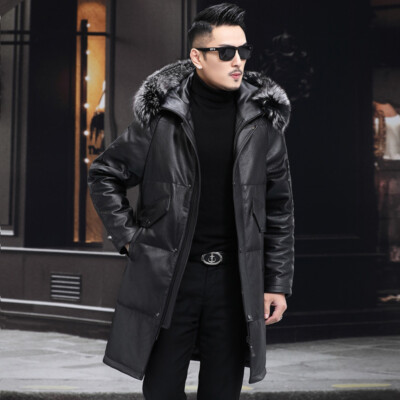 Mens Real Fox Fur Collar Hooded Real Leather Down Jacket Mid