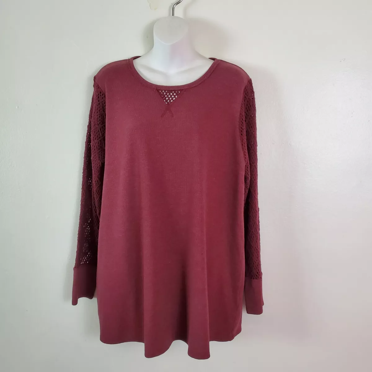 NEW Lucky Brand Thermal T-shirt Long Sleeve Crochet 2X Women's Red