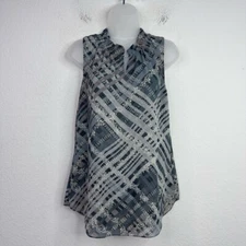 Cabi Shirt Womens M Gray Abstract Geometric Ruffle Neck Keyhole Career Office