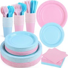350 Pieces Baby Gender Reveal Party Supplies Light Pink Light Blue Paper Plates