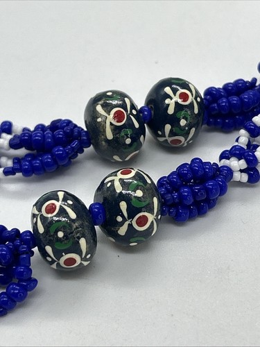 Vintage Glass Bead Necklace Cobalt Blue White Multistrand Boho Style Folk - Picture 12 of 21