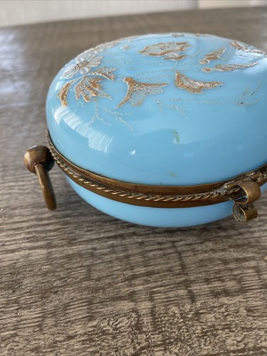 Antique Opaline Blue Glass French Blue Glass Jewelry box Brass - Picture 2 of 10