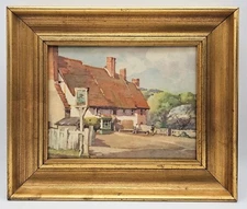 Vintage Impressionism Wall Art The Fox and Hounds Inn Gold Framed  12.5" × 10.5"