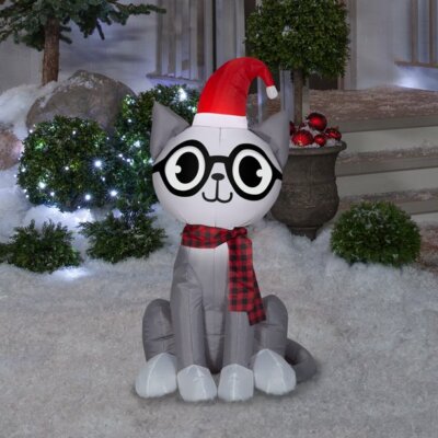 Gemmy 3.5' Gray and Red Nerdy Cat Inflatable Airblown Christmas