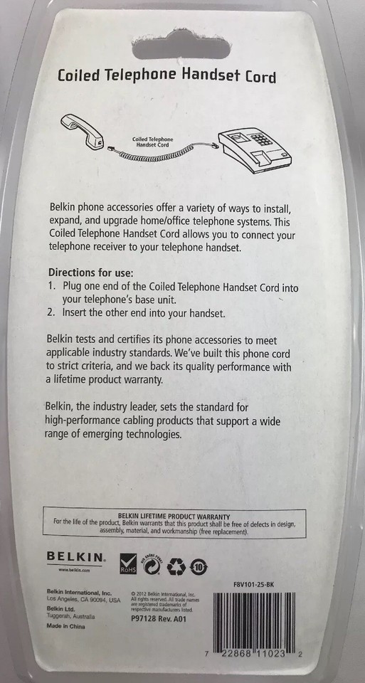 Belkin F8V101 25 Black Curly Coiled Phone Cable Handset Cord RJ11 Male