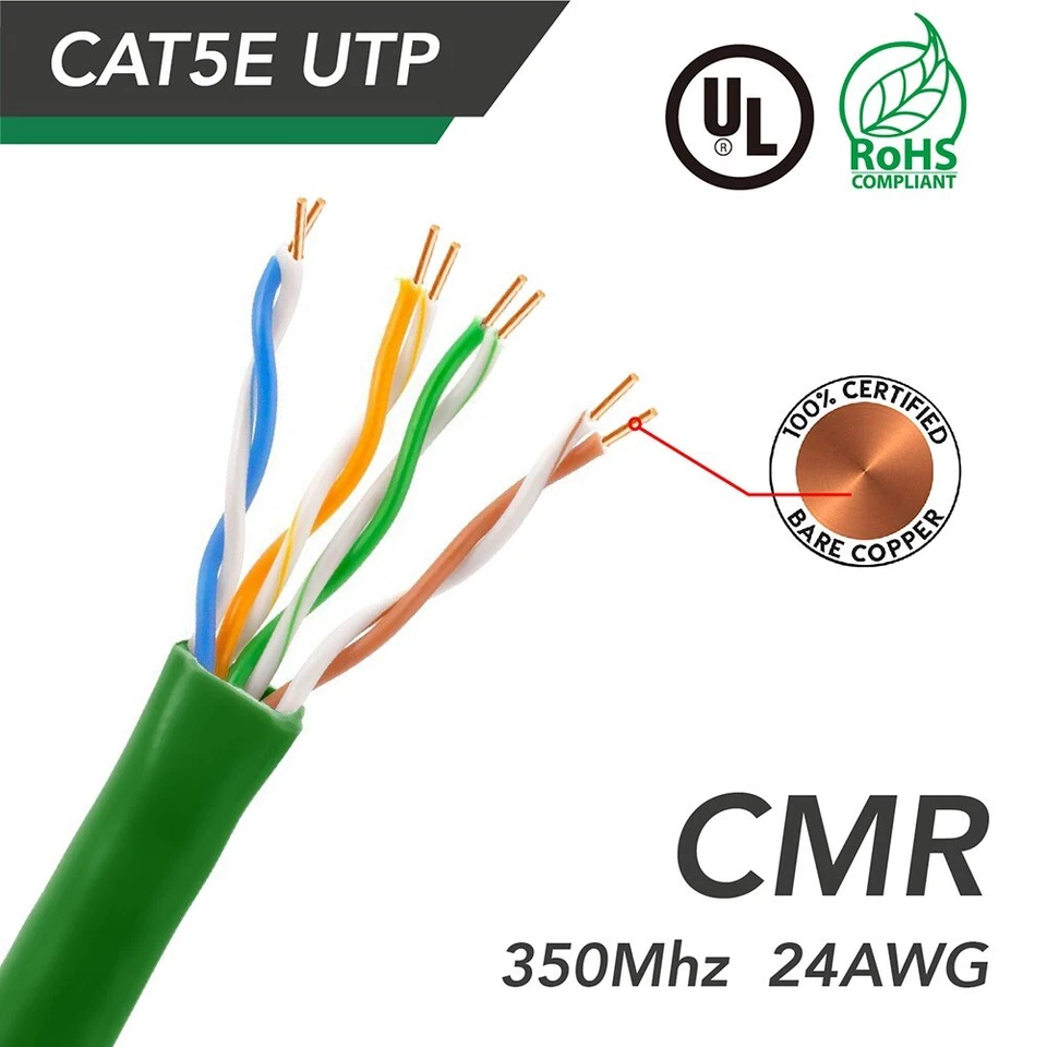 1000FT CAT5E Network LAN Ethernet UTP Bulk Cable Solid Copper Wire 24AWG Green - Image 2 of 4