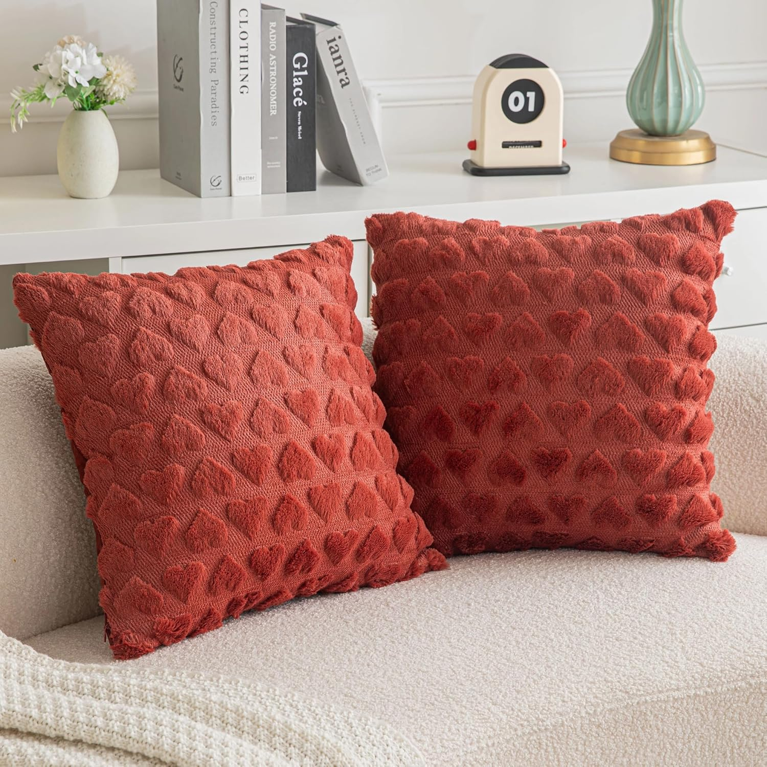 Set of 2 Red Heart Plush Throw Pillow Covers, 18x18 Soft Decorative Cushion
