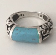 Vintage Signed Sterling Silver Turquoise Filigree Ornate Scroll Band Ring Size 6