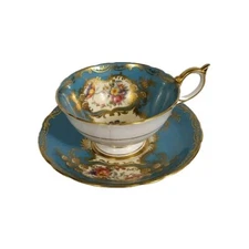 Aynsley Turquoise Blue Paramount  Tea Cup & Saucer  Cabbage Rose Gold Trim AS IS