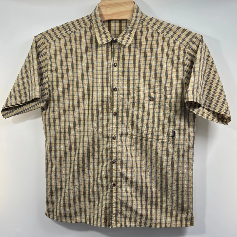 Patagonia Puckerware Shirt Men's L Yellow Plaid Short Sleeve VTG Button Front - Image 4 of 4