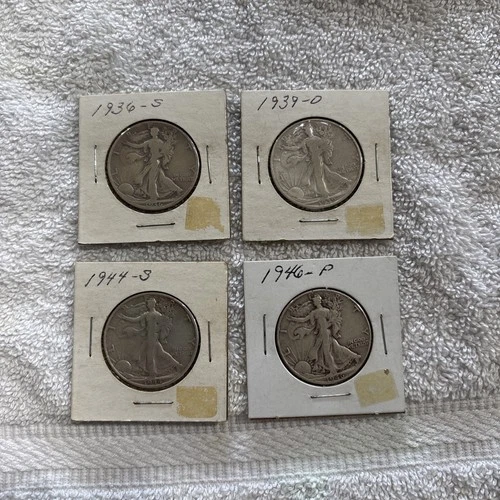 1936, 1939, 1944, 1946 Walking Liberty Half Dollar Silver Coins.  90% Silver.