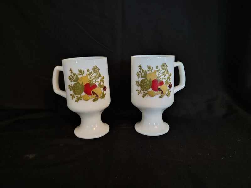 Vintage CorningWare "Spice of Life" milk glass pedestal mugs Set of 2