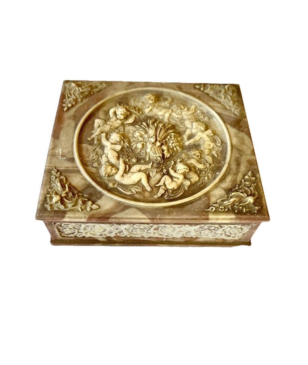 Vintage Incolay Stone Composite Jewelry Box With Tray-Cherub