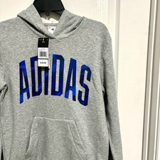 adidas Boys Big Kids Gray Blue Long Sleeve Fleece Pullover Hoodie Sweatshirt, L