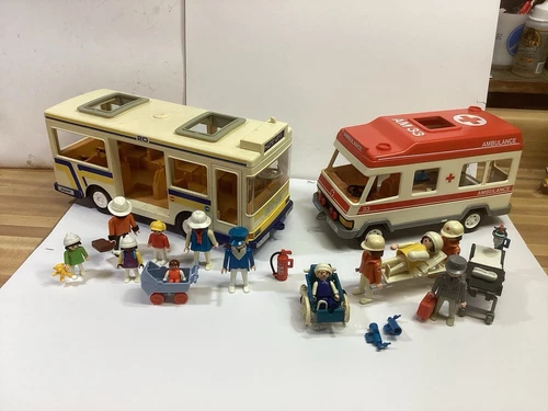 Vintage Playmobil 3782 City Bus & 3456 Ambulance With Red Roof Sets Used
