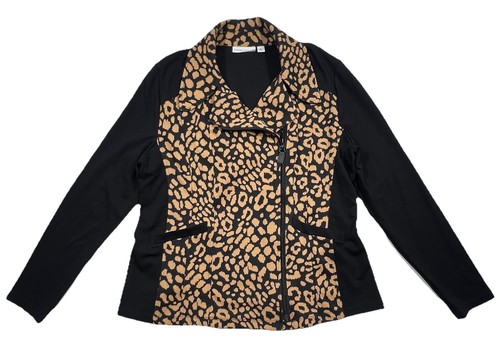 SUSAN GRAVER Womens M Black Tan Ponte Knit Leopard Print Moto Jacket EUC
