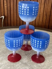 4 Vintage Bartlett Collins Star Patriotic Red white Blue Thumbprints Goblets