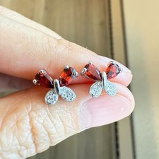 925 Sterling Silver Earrings 5x3mm Natural Garnet Gemstone Zircon Butterfly Gift