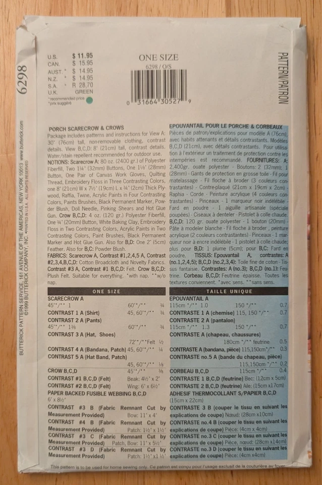 Butterick 6298 Fall Scarecrow Pattern One Size Uncut - Image 2 of 2