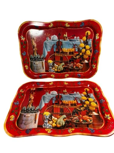 VTG LOT 2 1950s Coca-Cola Metal Serving Trays Fall Harvest Scene 18.75" x 13.5"