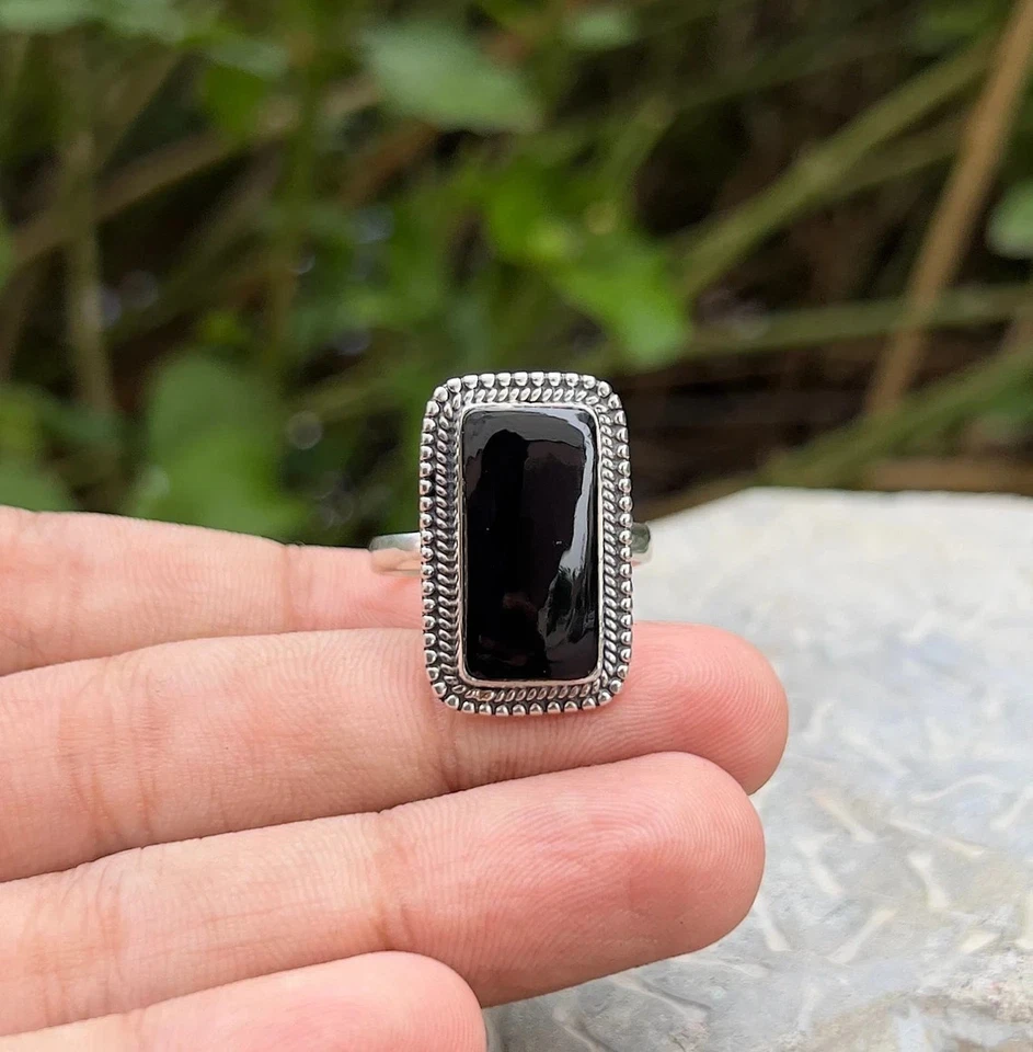 Onice Nera Anello 925 Argento Sterling - Anniversario Regalo per Lei,Boho Strass - Immagine 3 di 4