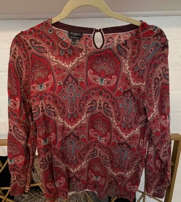 Talbots Women s Pure Merino Lightweight Wool Paisley Black Sweater Size L (p)