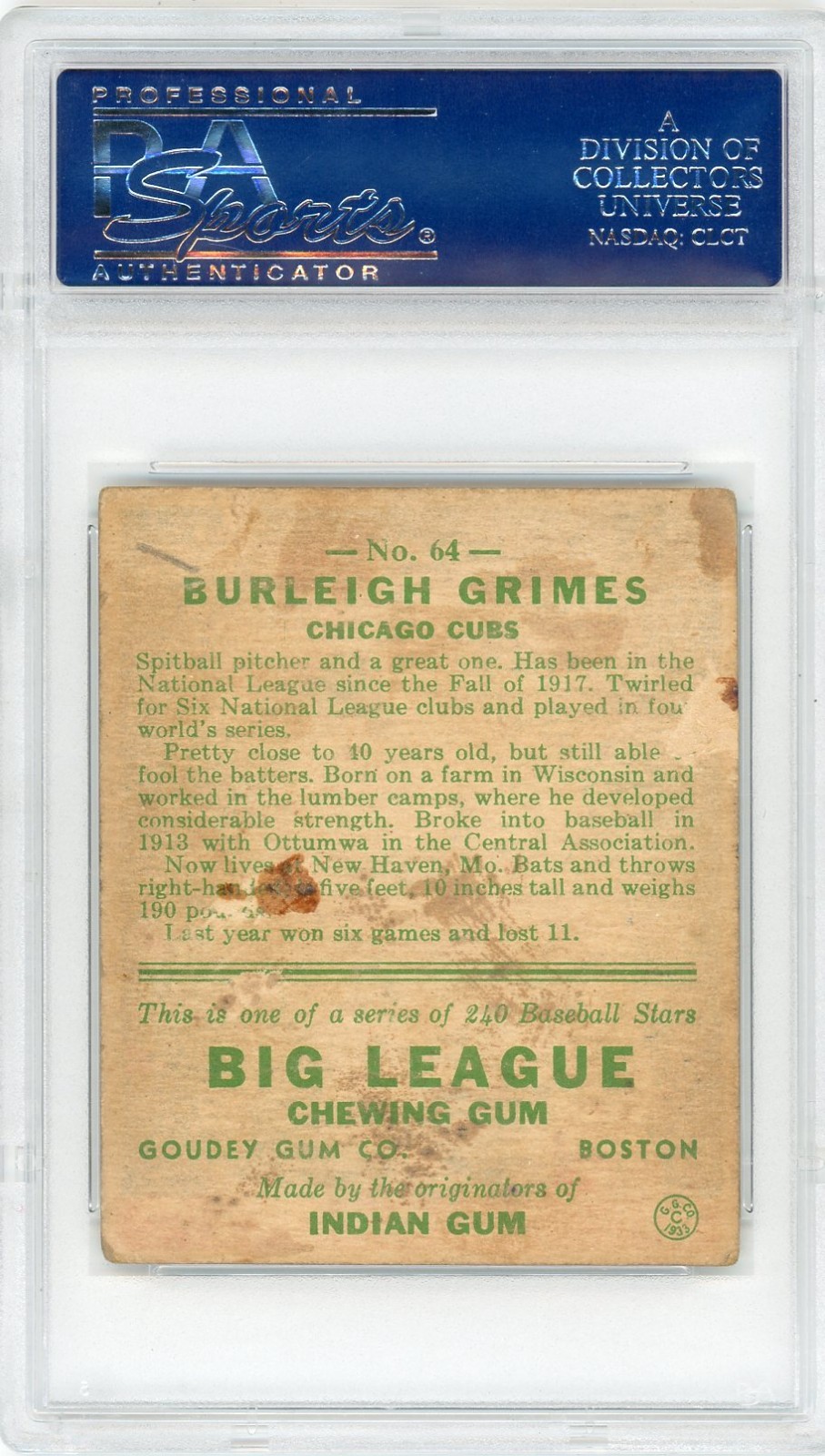 1933 GOUDEY #64 BURLEIGH GRIMES PSA 2 (MK) CHICAGO CUBS view 2