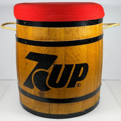 VTG 7UP Wood Barrel Cooler Ice Chest Padded Seat Stool w Plastic Liner & Handles
