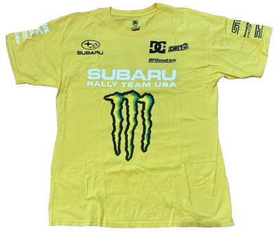 Dave Mirra Subaru Rally Team USA DC Monster Energy Yellow Graphic Racing Tee L