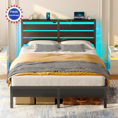 Bed Frame Full Size with USB LED Headboard Storage Black Metal Platform Charging