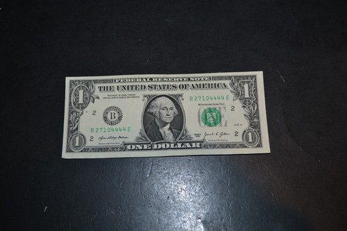 1 $ Dollar Schein Four in A Row Trailing 4's Fancy Seriennummer B27014444E 2021 - Bild 1 von 2