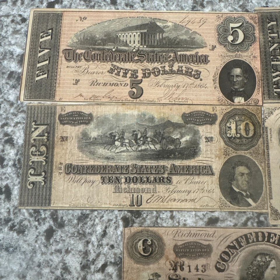 Lot of 5 1864 Confederate States of America $5 $10 $20 $50 $100 Notes  - Image 3 of 4