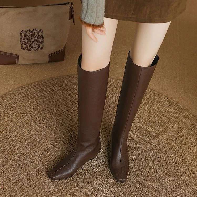 Botas hasta la rodilla de caballero de cuero real para mujer tacón de cuña bajo oculto punta cuadrada talla Foto 4 de 4