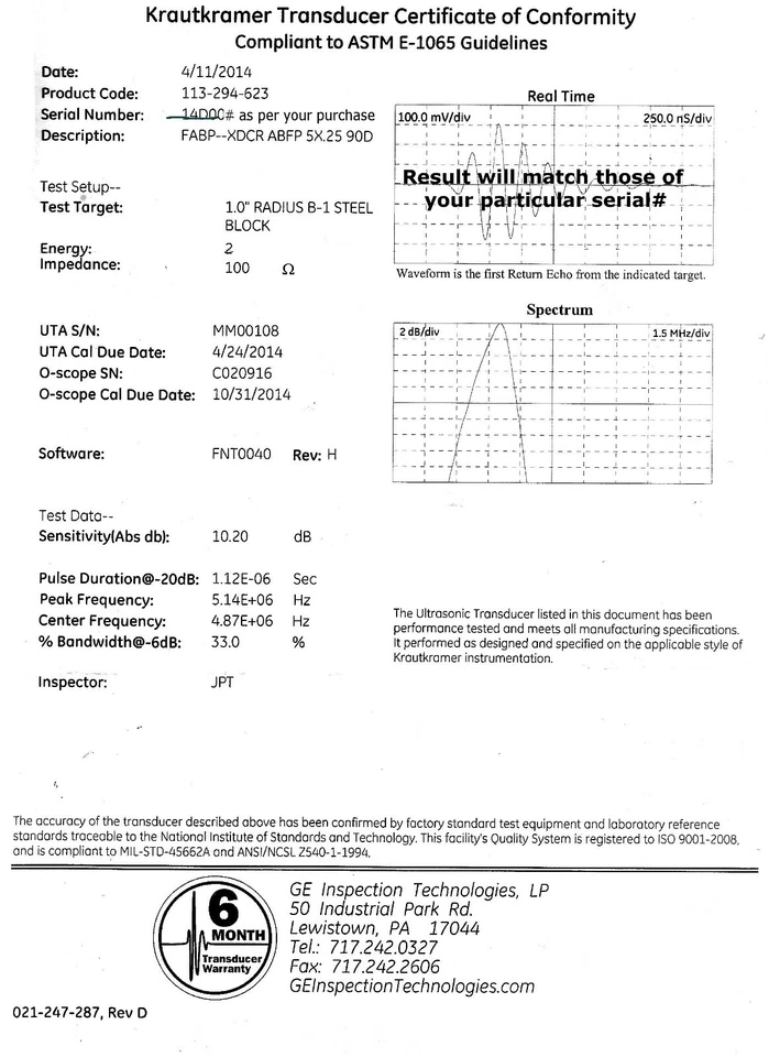 Transductor Elemento Ultrasónico GE (Krautkramer) P/N 113-294-623 - 5MHz, 90° Foto 3 de 4