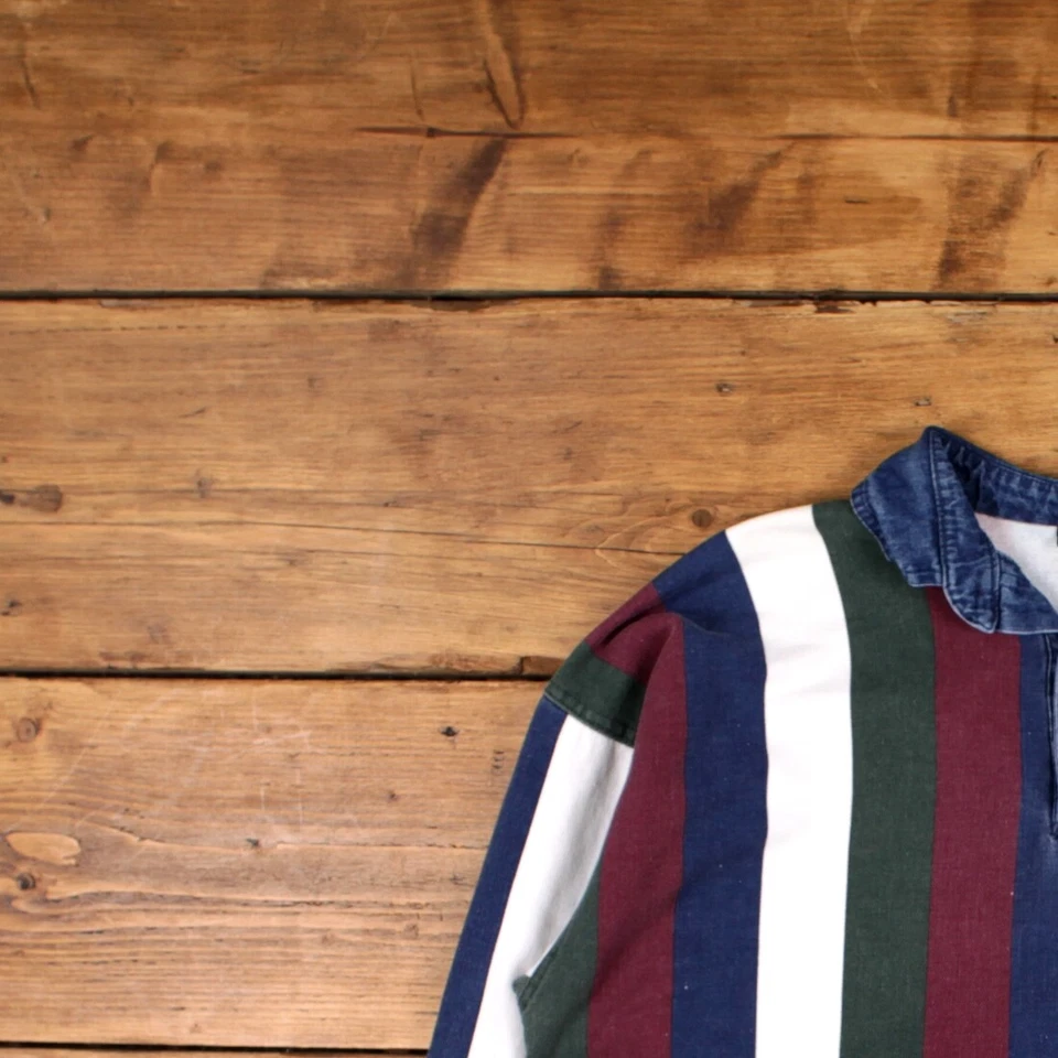 Camiseta Polo Vintage 2XL Hecha en EE. UU. Estructura Manga Larga Rayas Camiseta Azul Foto 4 de 4