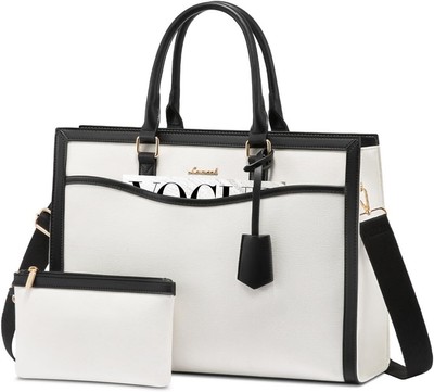 LOVEVOOK Laptop Tote Bag for Women, Office Work Canvas/White-black 