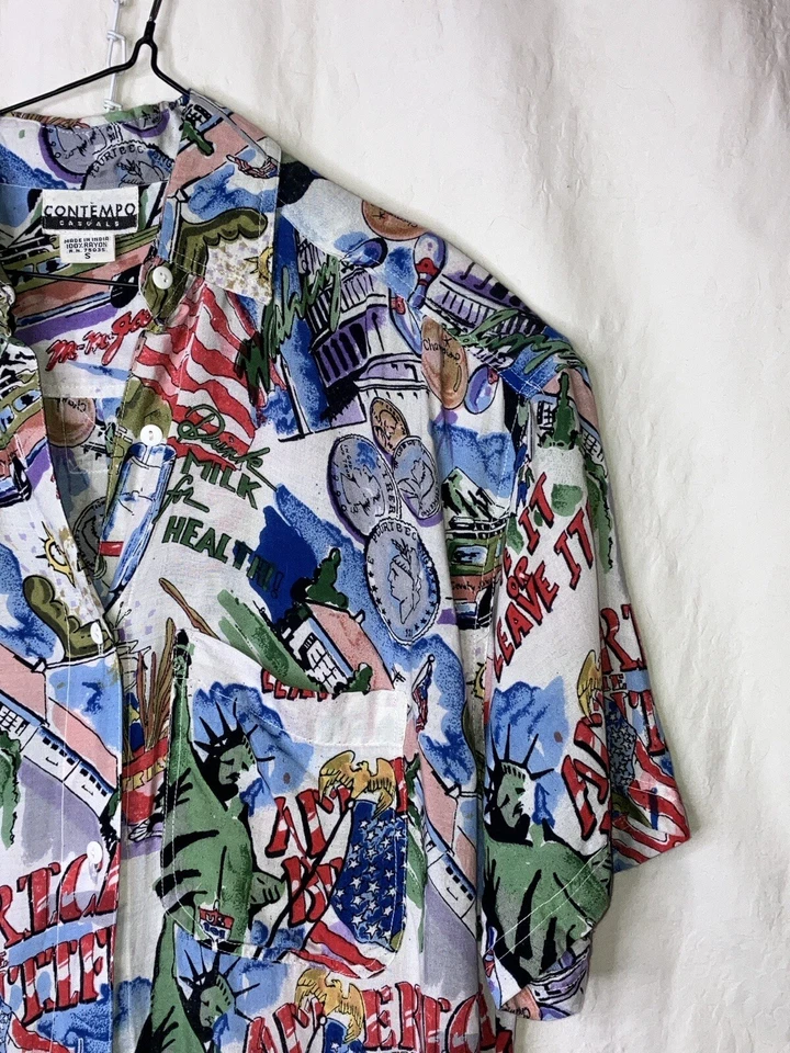 AMAZING VINTAGE MENS S 1980s CONTEMPO CASUALS AMERICANA PATRIOTIC FLAG USA SHIRT - Image 4 of 4