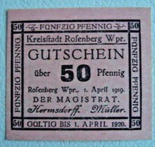 50 Pfennig Notgeld Kreisstadt Rosenberg-Westpreu&szlig;en 1919 Gutschein Germany (2069