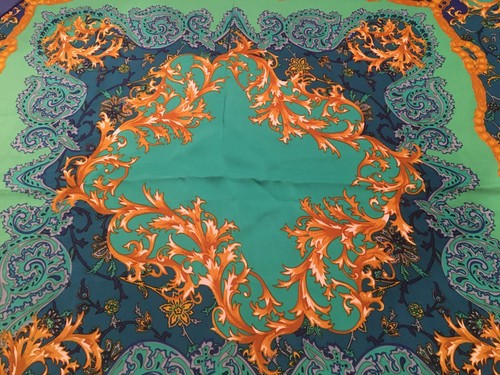 CLASSIC SCARF-MULTI COLORED BRIGHT AQUA-GOLD-GREEN-43" X 44" SQUARE - Picture 5 of 6