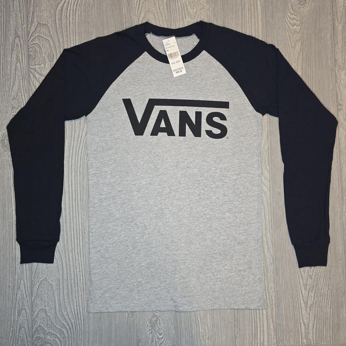 New! Vans Raglan Long Sleeve T-Shirt Gray And Black Mens Small