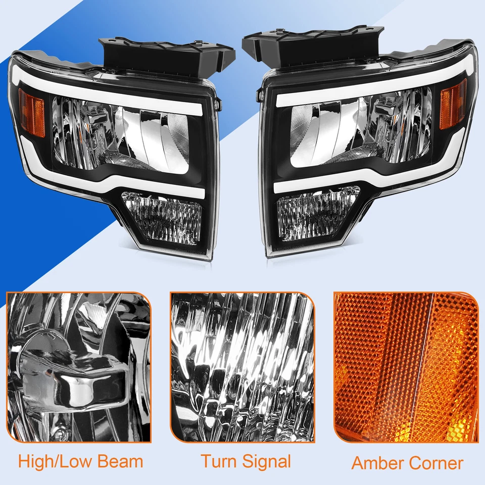 Black LED Tube DRL Headlights Assy Pair For 2009-2014 Ford F150 F-150 Headlamps - Image 3 of 4