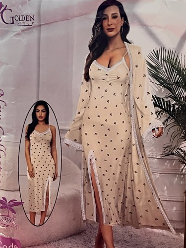 Women's Lingerie Egyptian Cotton 2PC Robe&Gown Peignoir Sleepwear size fit S/M/L - Picture 11 of 24