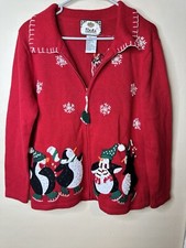 Vintage Tiara International Winter Christmas Sweater Penguins Sequins  Zipper S