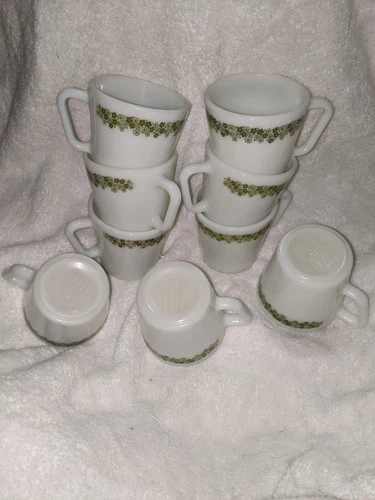 Pyrex Crazy Daisy Green Spring Blossom Milk Glass Coffee Cup Mug 1410 Set Of 9