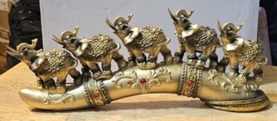 FIVE GOLD ELEPHANTS GOOD LUCK WILD ANIMAL FORTUNE POWER TRUNK UP FIGURINE STATUE