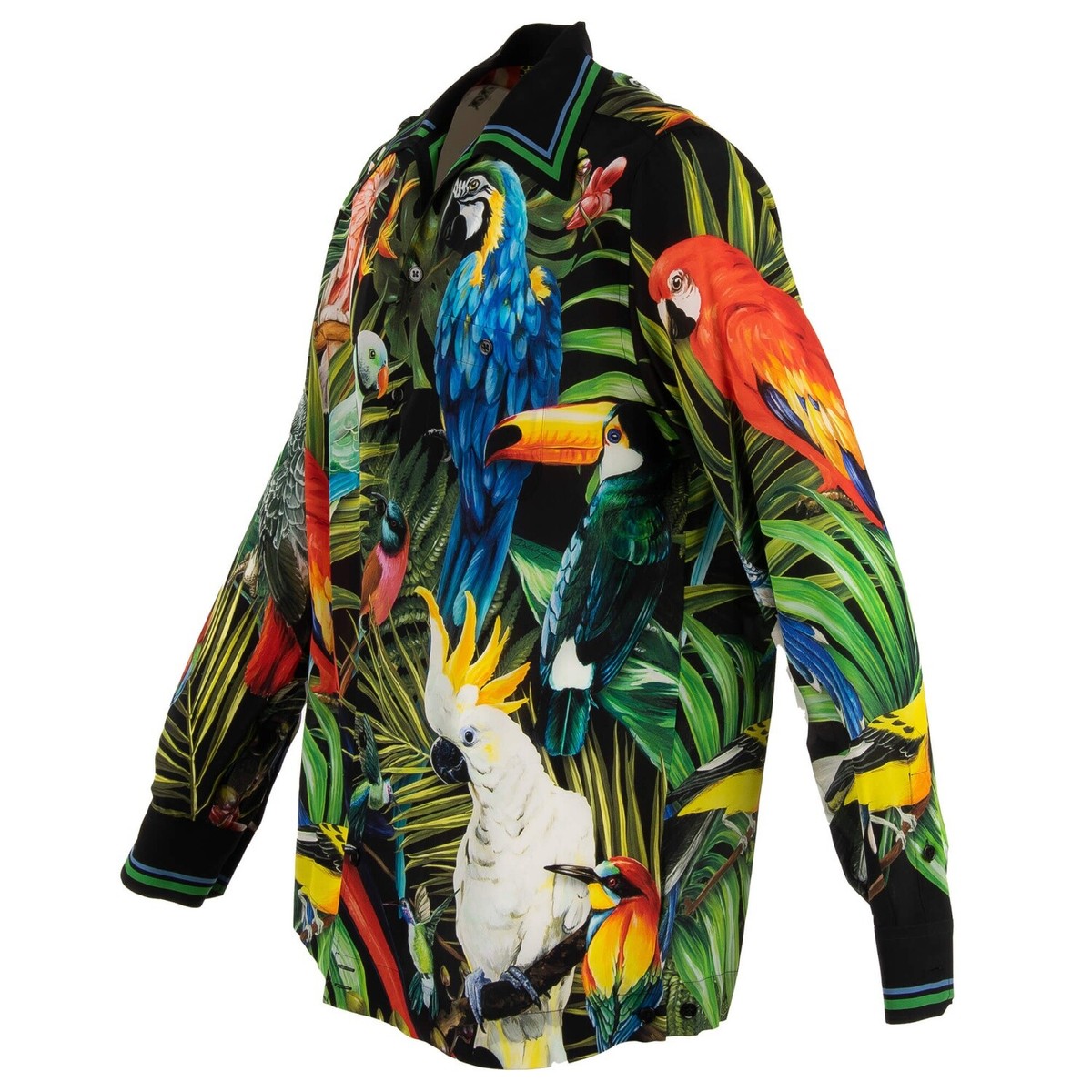 DOLCE & GABBANA Tropical Parrot Bird Pam Leaves Print Silk Shirt