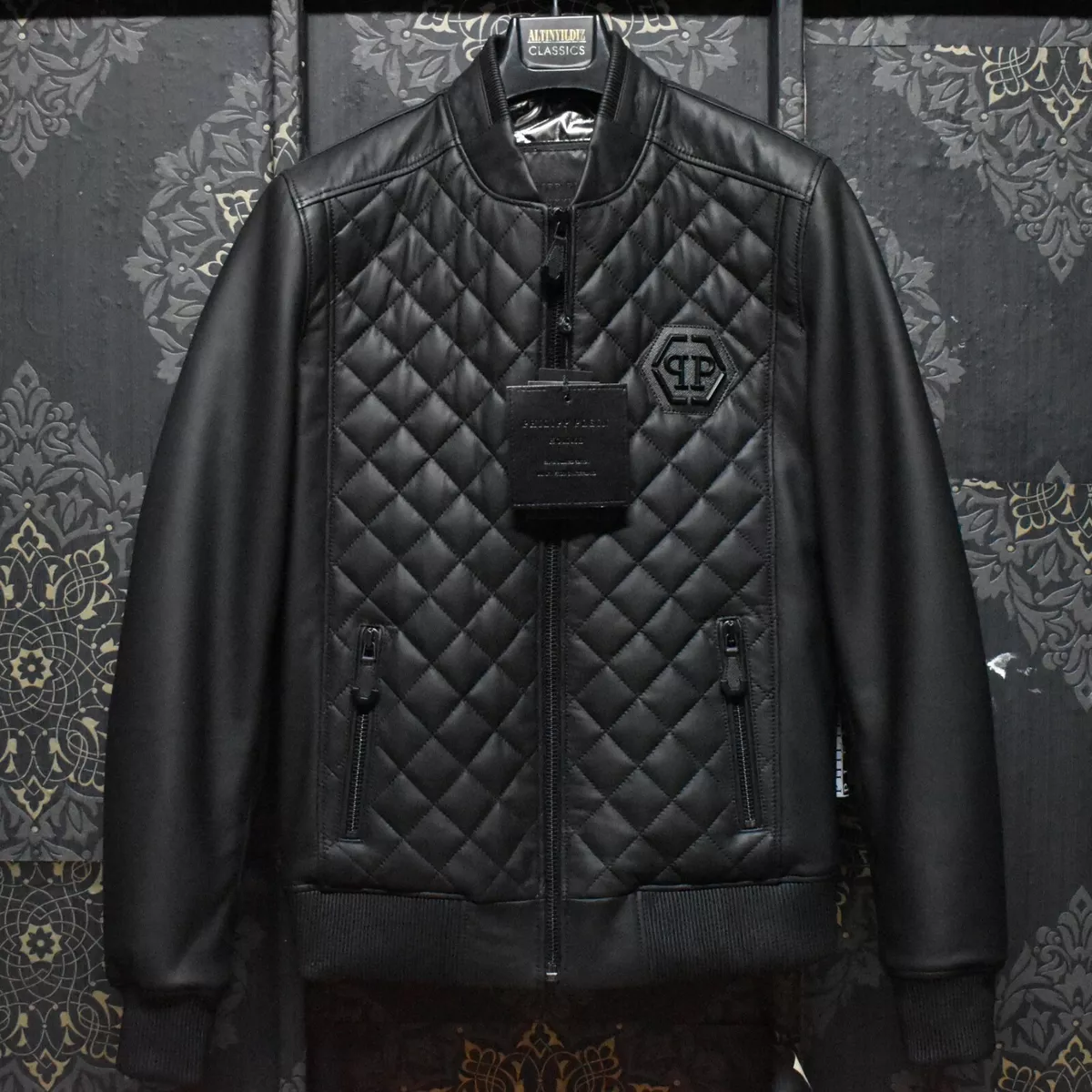 Philipp Plein Black Quilted Lambskin Men s Genuine Leather Jacket