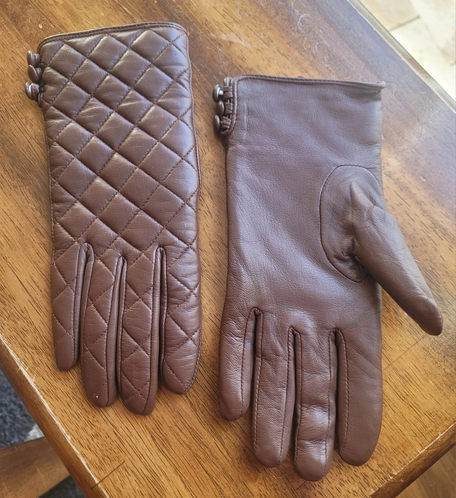 Dennis Basso Quilted Leather Gloves- Button Accents - Brown Large
