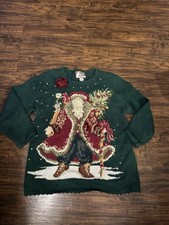 Vintage Tiara International Sweater Santa Christmas Hand Embroidered Sz:L